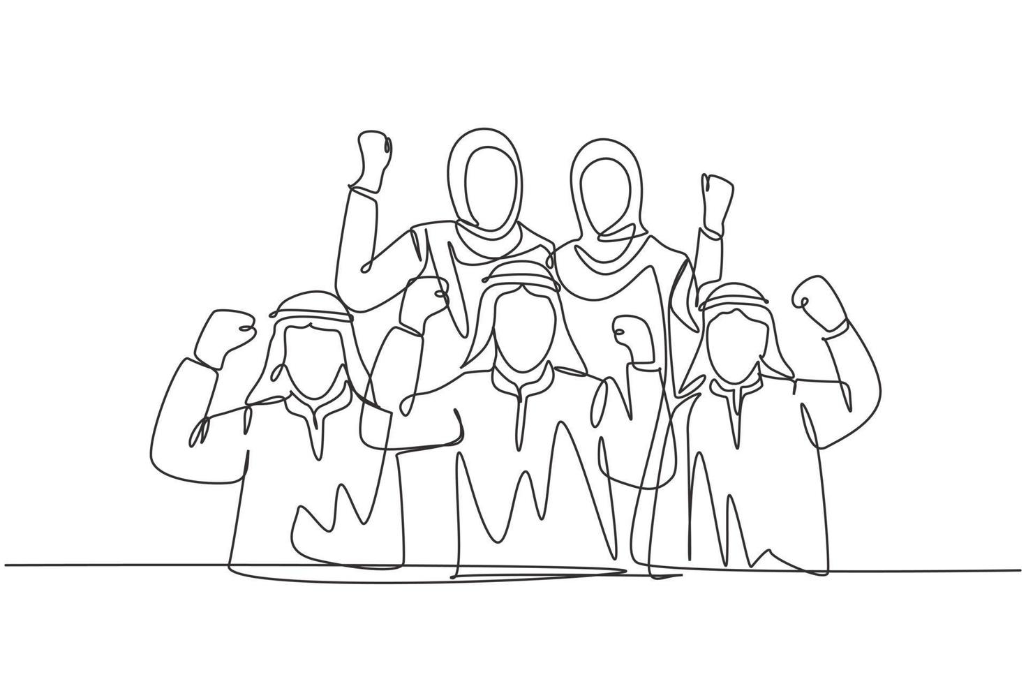 Single continuous line drawing of young muslim sales team celebrate their solid teamwork. Arab middle east businessmen with shmagh, kandura, thawb, robe cloth. One line draw design vector illustration