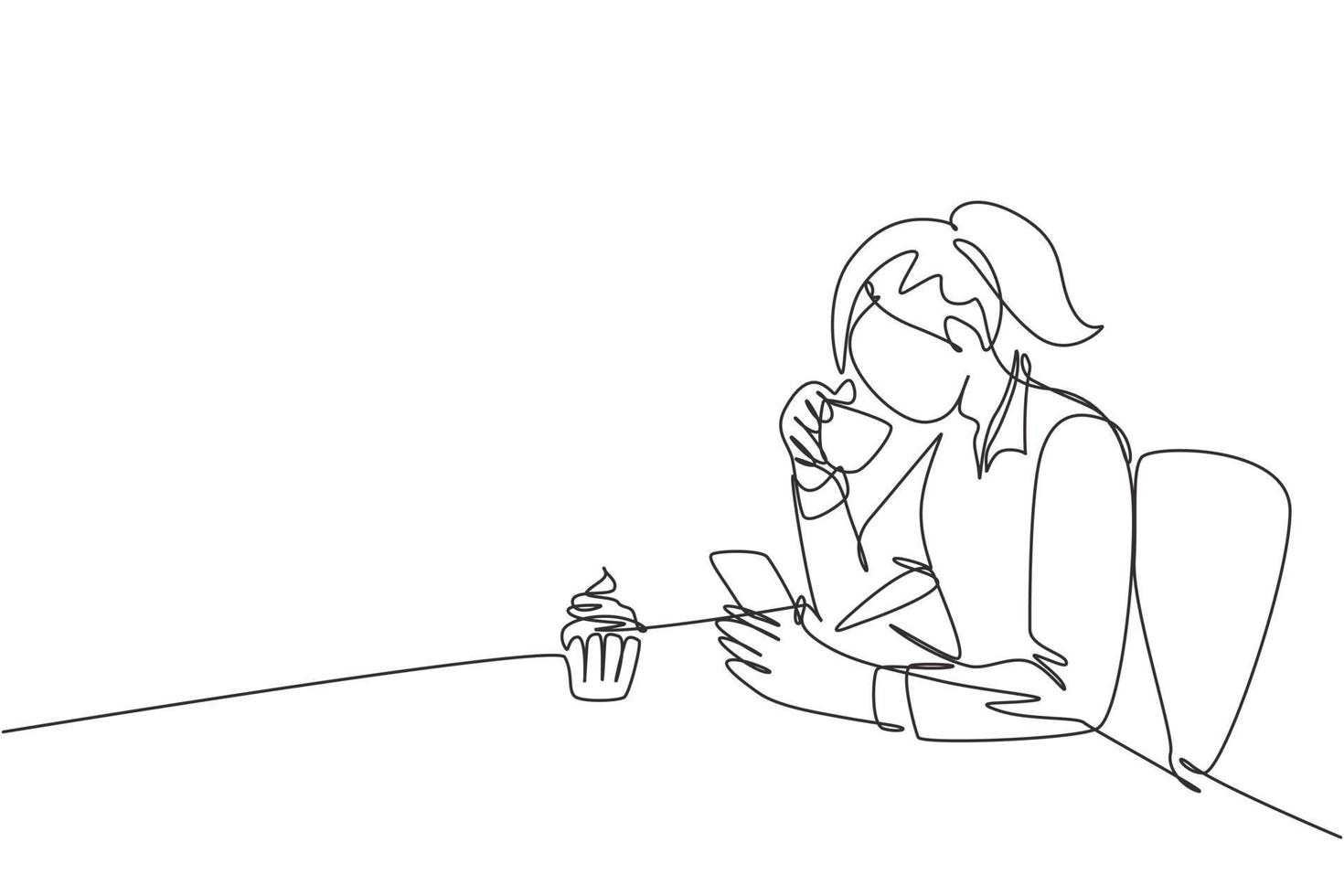 One single line drawing of young female marketing manager chatting with her team member while take a relax at coffee shop. Drinking tea concept continuous line draw vector design graphic illustration