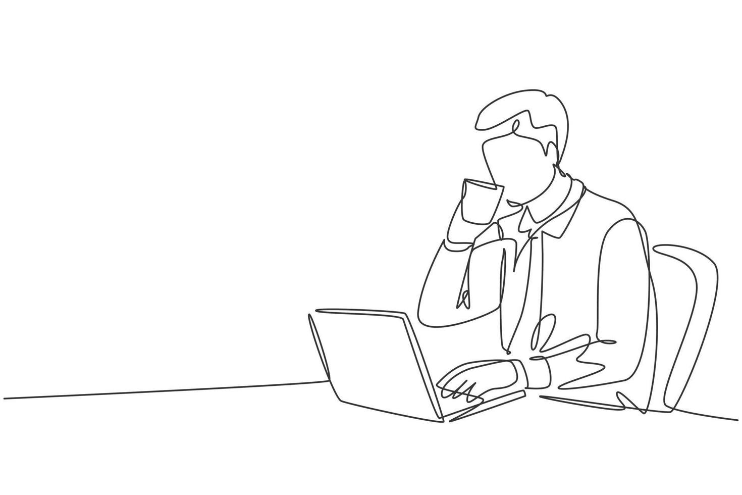 Single continuous line drawing of young happy manager checking report from team member while he enjoy to drink a cup of coffee at office. Drinking tea concept one line draw design vector illustration