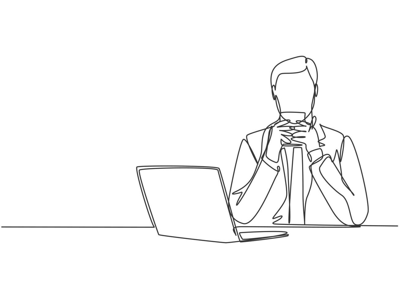 One continuous single line drawing of young happy marketing manager watching sales graph at laptop screen while enjoying aroma of the coffee. Drinking coffee concept cartoon design vector illustration