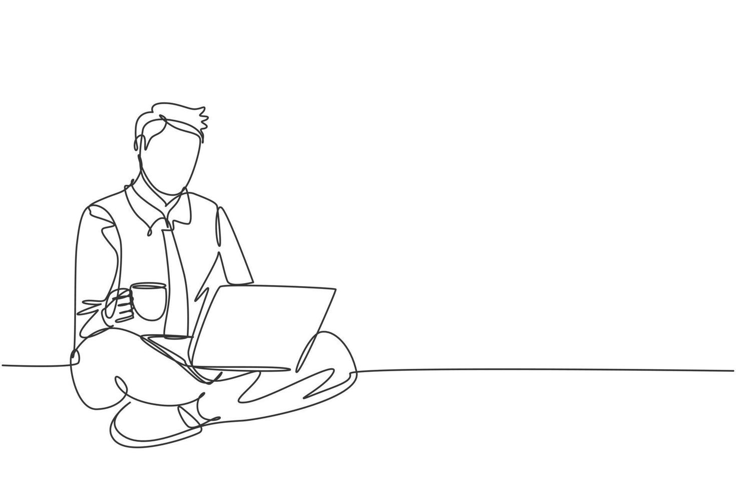 One continuous line drawing of young happy office worker sitting on the floor finish his work while holding a cup of coffee. Drinking coffee or tea concept single line draw design vector illustration