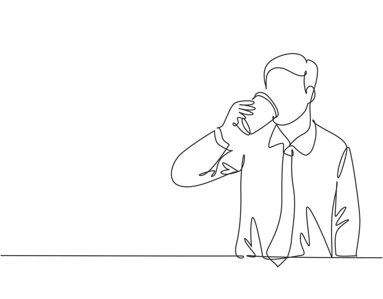 Single continuous line drawing of young thirsty worker take a drink while office break at canteen. Drinking coffee or tea concept. Trendy one line draw cartoon design vector illustration