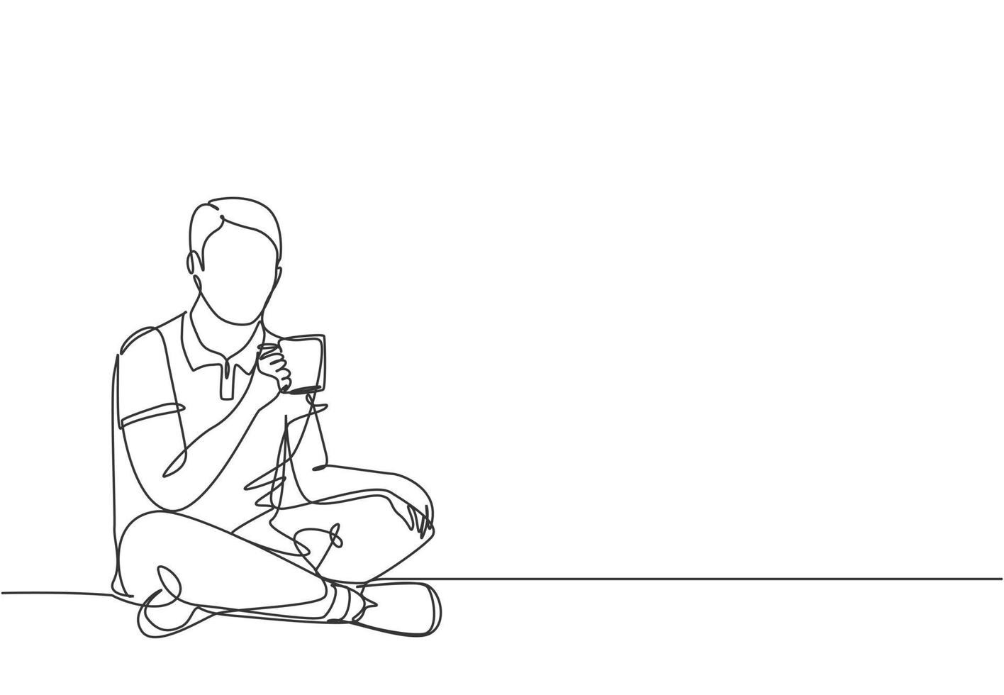 One continuous line drawing of young happy attractive worker sitting on the floor while holding a cup of coffee and thinking some ideas. Drinking tea concept graphic design vector illustration