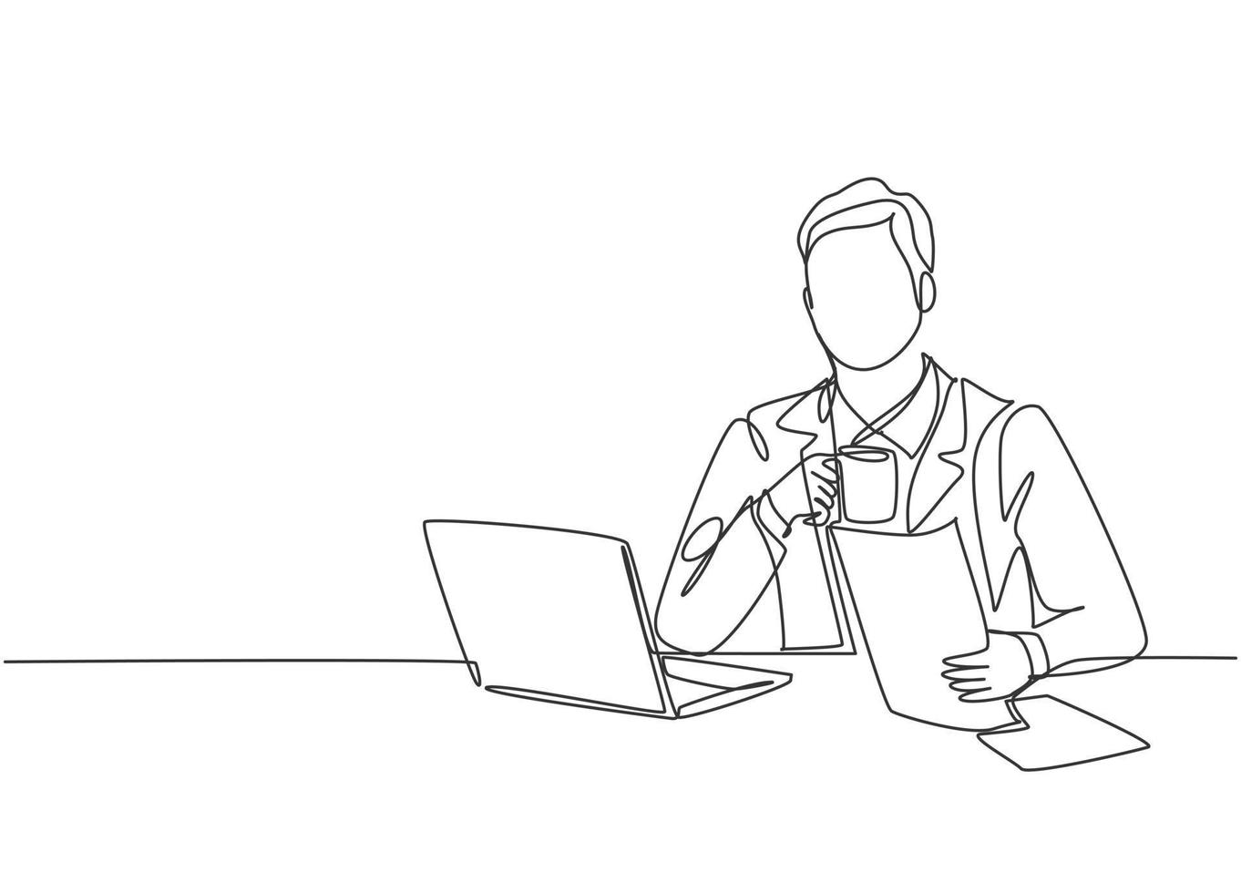 One continuous line drawing of young happy manager reading annual report from public accounting firm while holding a mug of coffee. Drinking coffee or tea concept graphic design vector illustration