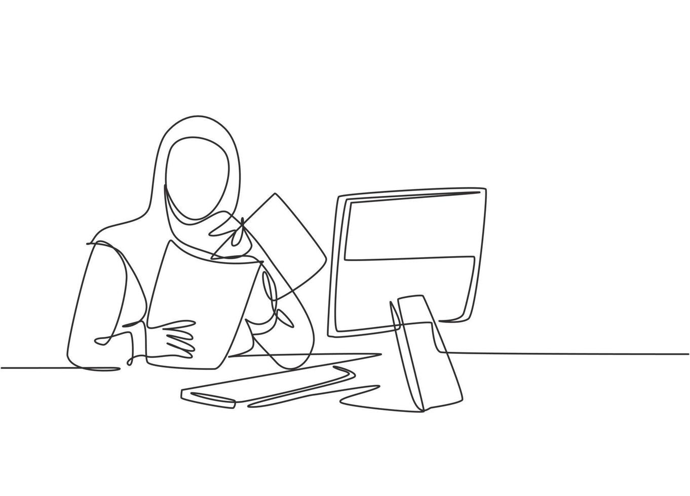 Single continuous line drawing of young female muslim businesswoman prepare documents for presentation to investors. Arab middle east cloth hijab and veil. One line draw design vector illustration