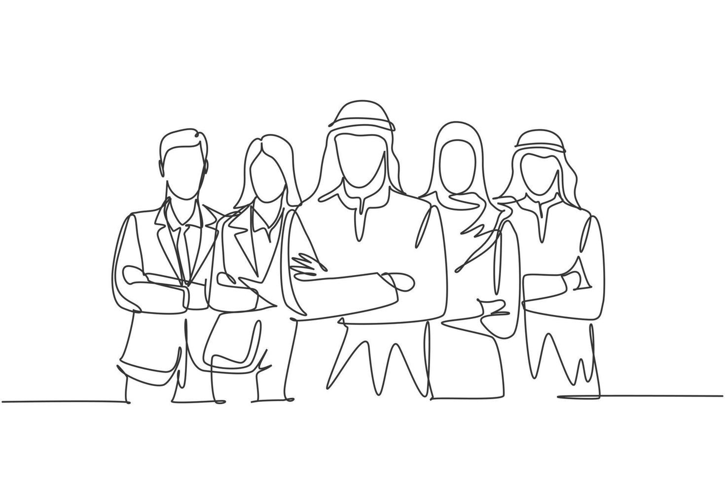 One single line drawing of young happy male and female muslim workers line up together. Saudi Arabia cloth shmag, kandora, headscarf, thobe, hijab. Continuous line draw design vector illustration