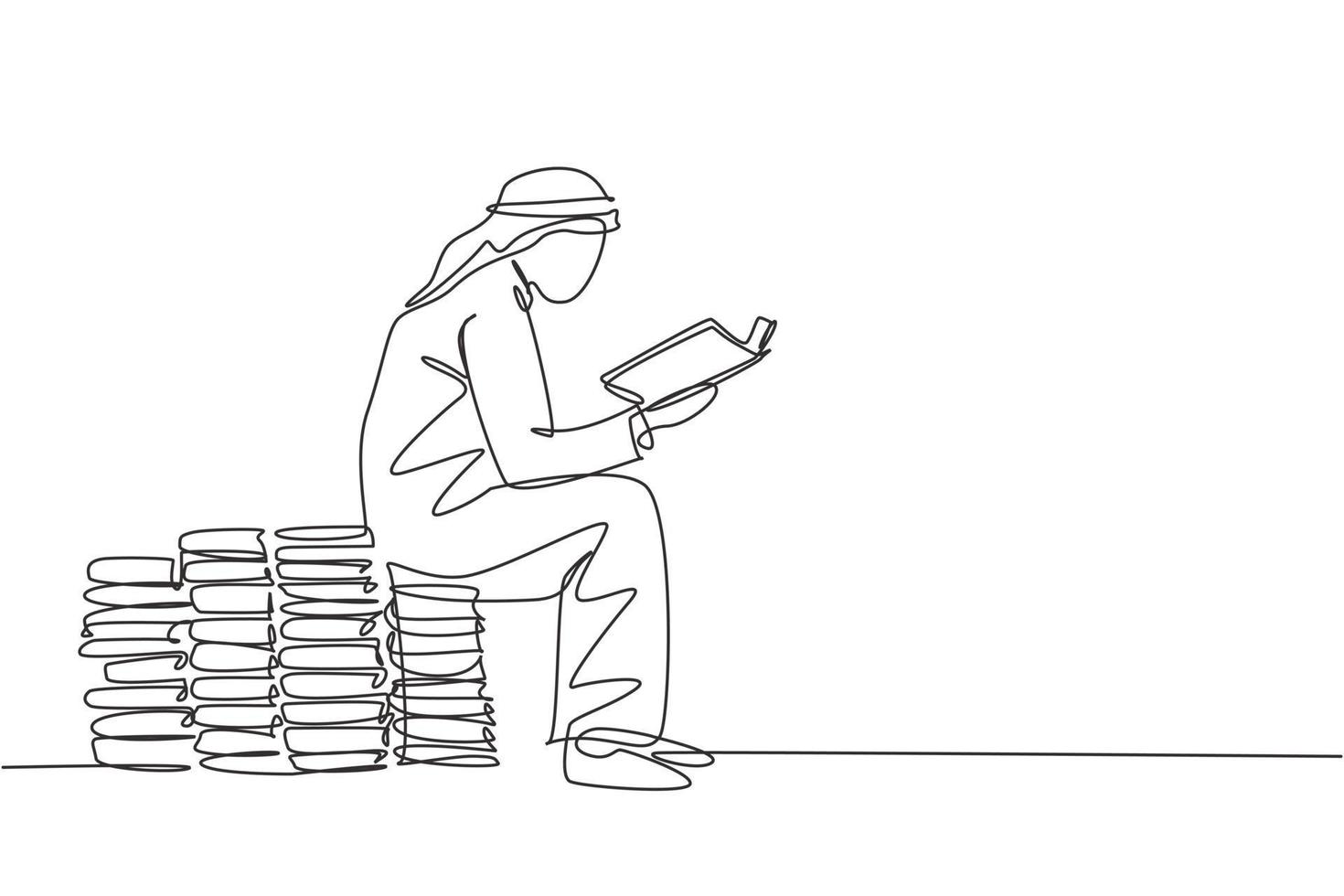 One single line drawing of young happy male muslim businessman reading a book above pile of books. Saudi Arabia cloth shmag, kandora, headscarf, thobe. Continuous line draw design vector illustration
