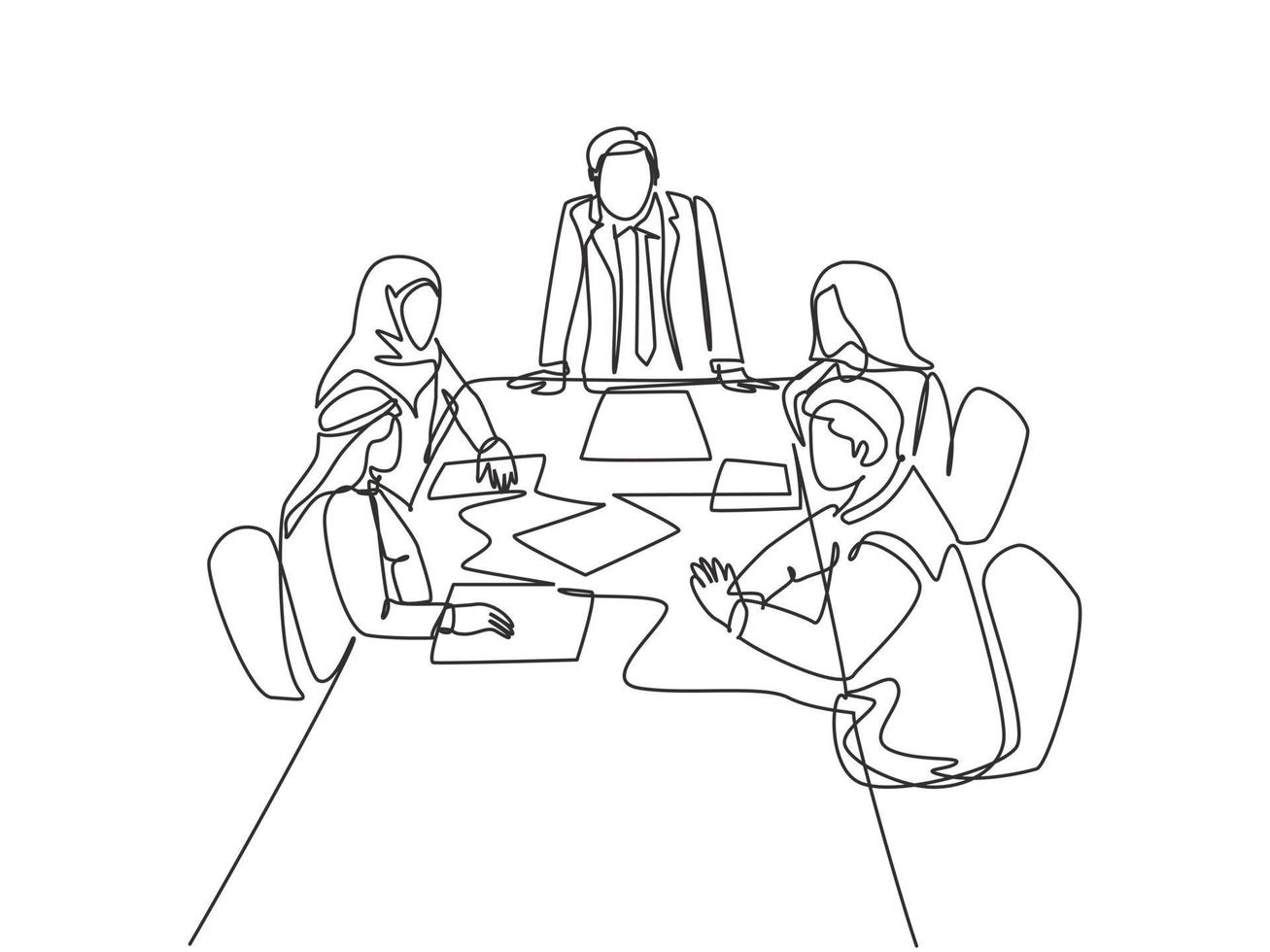 One continuous line drawing of young startup businessman do presentation to muslim investor community. Islamic clothing kandura, scarf, keffiyeh, hijab. Single line draw design vector illustration