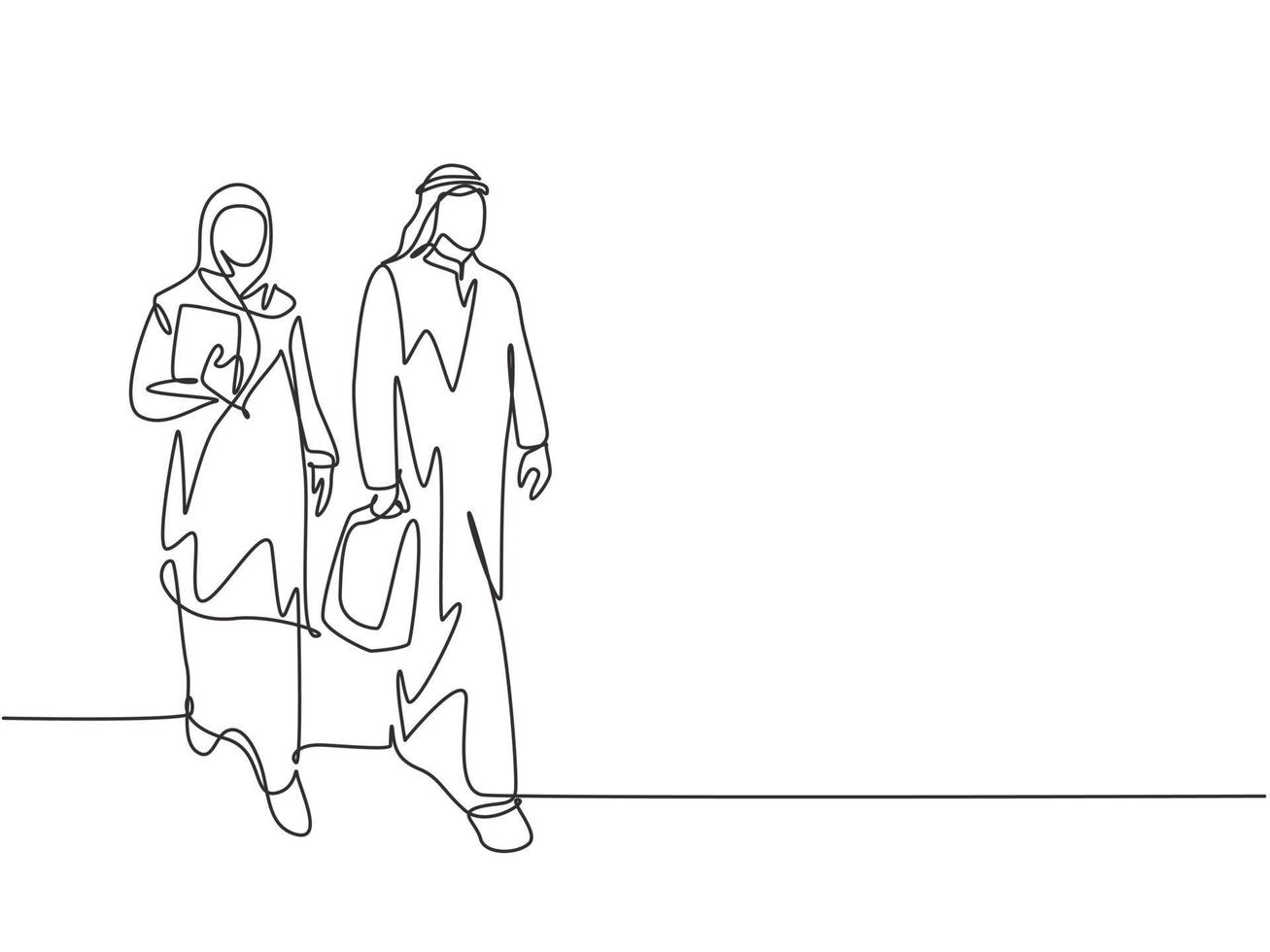 Single continuous line drawing of young happy businessman walking together with his assistant while go to the meeting room. Arab middle east woman cloth veil hijab. One draw design vector illustration