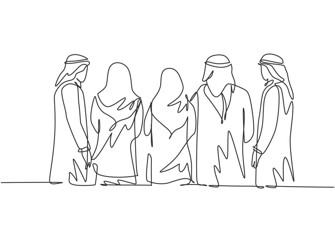 One continuous line drawing group of young muslim businessman and businesspeople standing together from back view. Islamic clothing kandura, scarf, hijab. Single line draw design vectror illustration vector