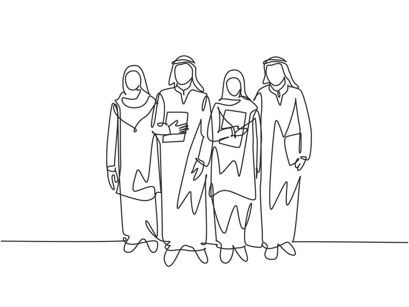 One continuous line drawing of young happy muslim workers walking together at office alley building. Islamic clothing shemag, kandura, keffiyeh, hijab. Single line draw design vector illustration