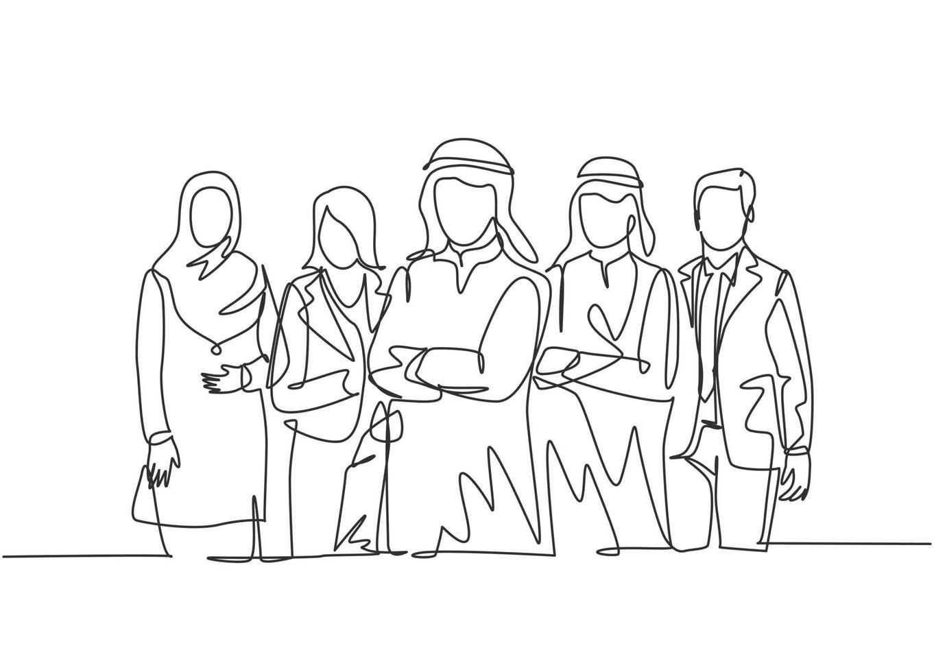 One continuous line drawing group of young muslim and multi ethnic manager pose standing together. Islamic clothing shemag, kandura, scarf, hijab, veil. Single line draw design vector illustration