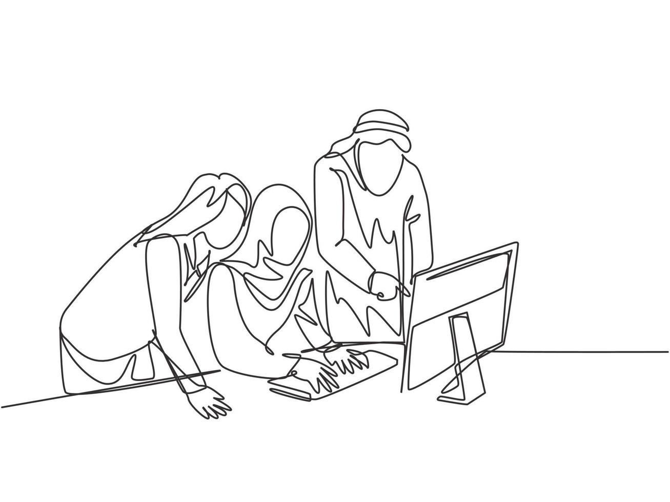 One single line drawing of young muslim employees discussing business proposal with colleagues. Saudi Arabia cloth kandora, headscarf, thobe hijab. Continuous line draw design vector illustration