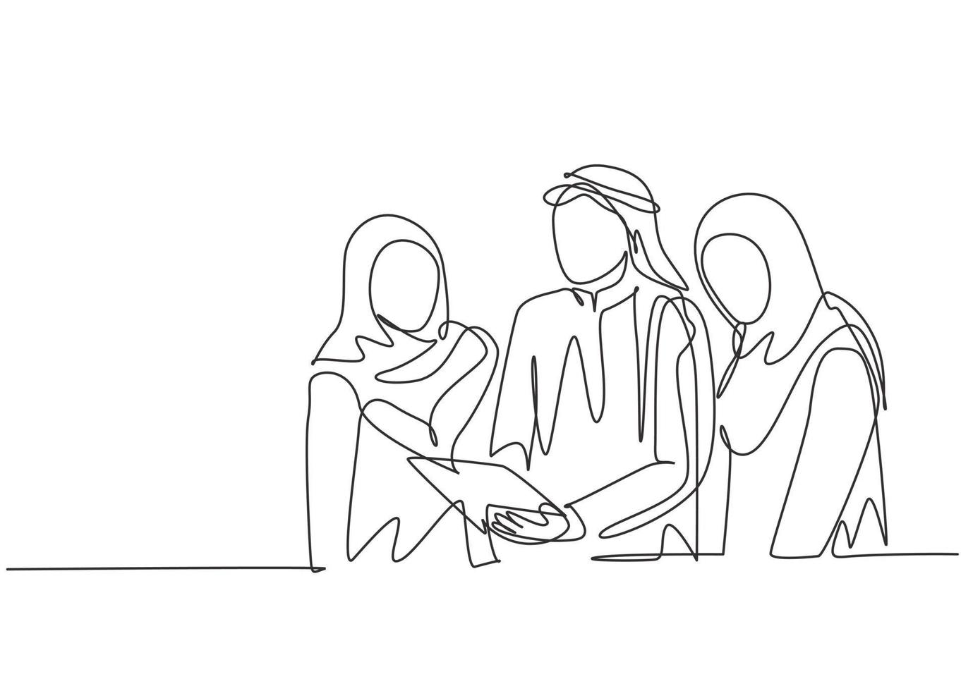un dibujo de una sola línea del joven gerente de marketing musulmán dando dirección de trabajo al personal. tela de arabia saudita shmag, kandora, pañuelo en la cabeza, thobe, hijab. Ilustración de vector de diseño de dibujo de línea continua