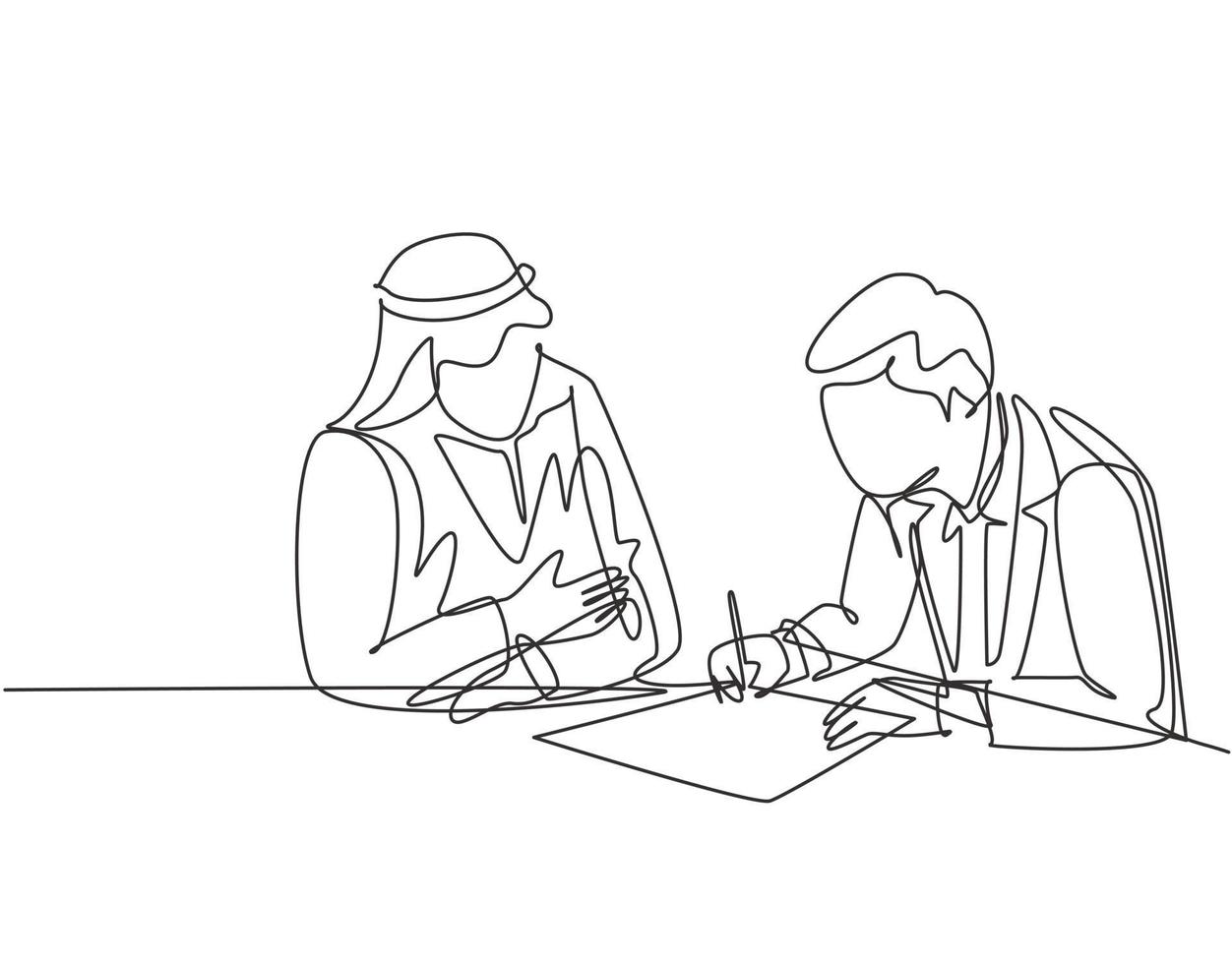 Single continuous line drawing of young muslim sign a business deal agreement contract with his colleague. Arab middle east cloth shmagh, kandura, robe, hijab. One draw design vector illustration