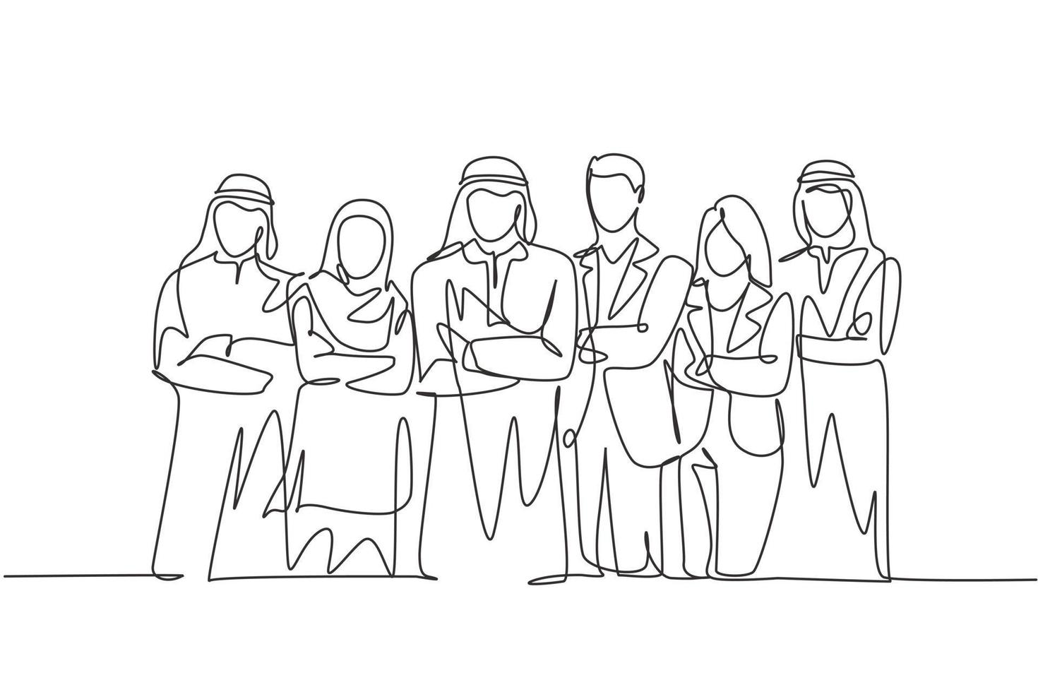 One continuous line drawing group of young muslim and multi ethnic businesspeople line up neatly. Islamic clothing shemag, kandura, scarf, hijab and suit. Single line draw design vector illustration