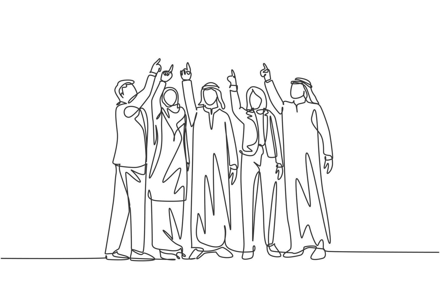 Single continuous line drawing of young male and female muslim managers pointing finger up to the sky. Arab middle east cloth shmagh, kandura, hijab, robe. One line draw design vector illustration