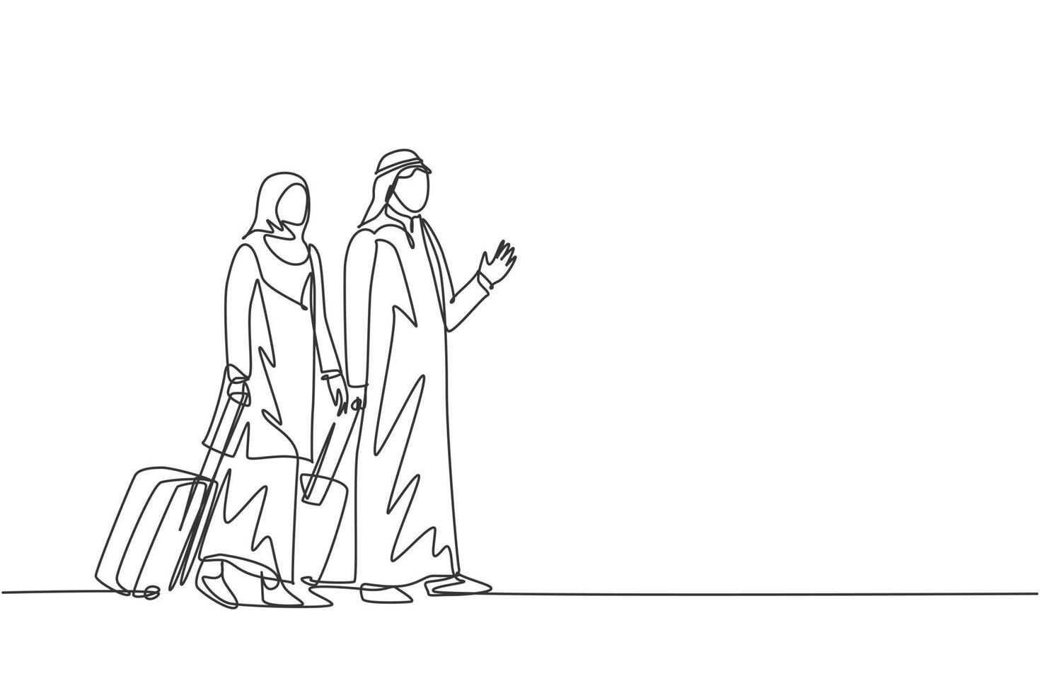 un dibujo de una sola línea de jóvenes empleados musulmanes masculinos y femeninos felices después de un viaje de negocios. tela de arabia saudita shmag, kandora, thobe, ghutra, hijab. Ilustración de vector de diseño de dibujo de línea continua