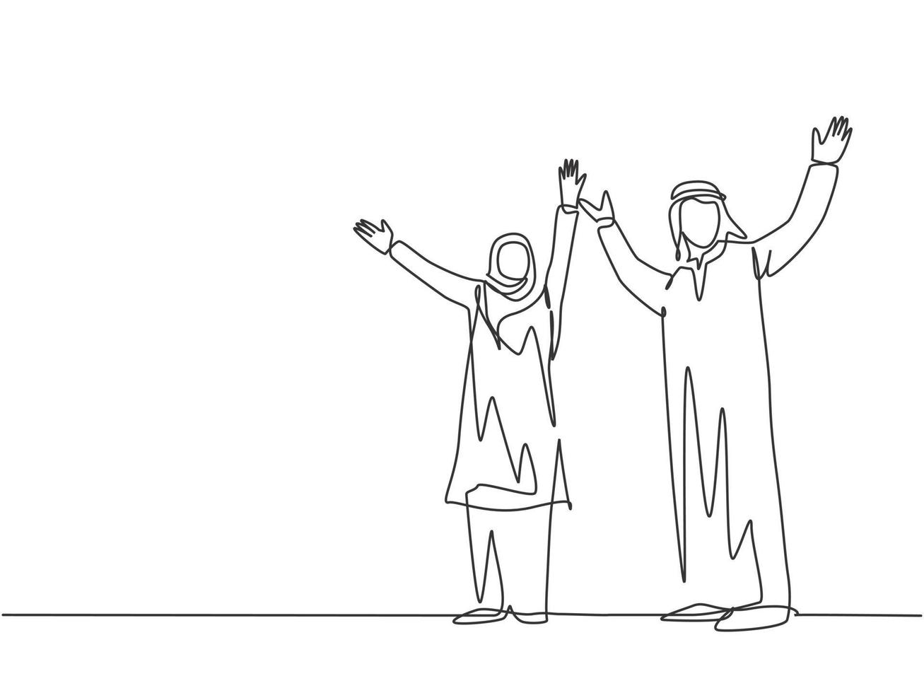 One single line drawing of young happy male and female muslim businesspeople celebrate a success. Saudi Arabia cloth hijab, kandora, headscarf, ghutra. Continuous line draw design vector illustration