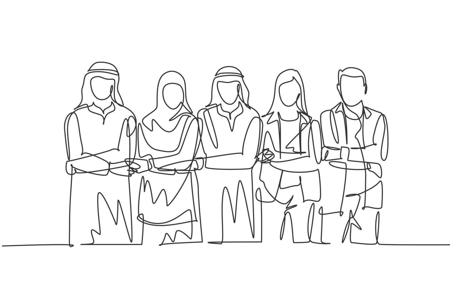 un dibujo de una sola línea de jóvenes gerentes musulmanes y hombres felices tomados de la mano. tela de arabia saudita shmag, kandora, pañuelo en la cabeza, thobe. Ilustración de vector de diseño de dibujo de línea continua