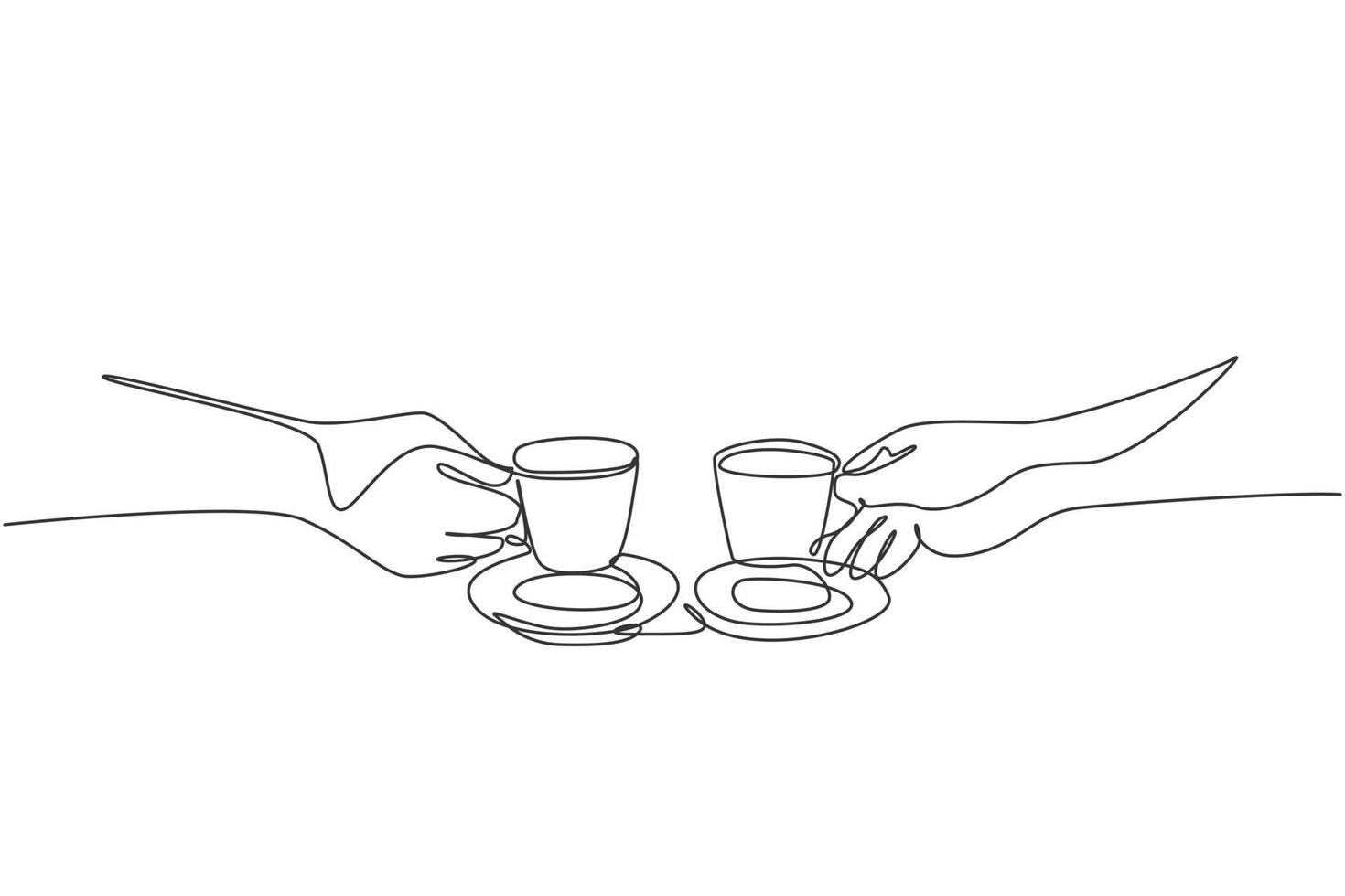 un solo dibujo de una pareja de hombres y mujeres jóvenes disfrutando de una taza de café juntos en la cafetería. cita romántica tomando café concepto línea continua dibujar diseño ilustración vector
