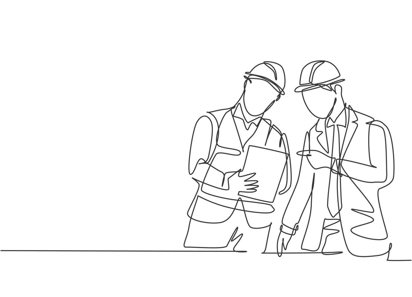 One single line drawing of young construction manager giving instruction to foreman coordinator. Building architecture business concept. Continuous line draw design vector graphic illustration