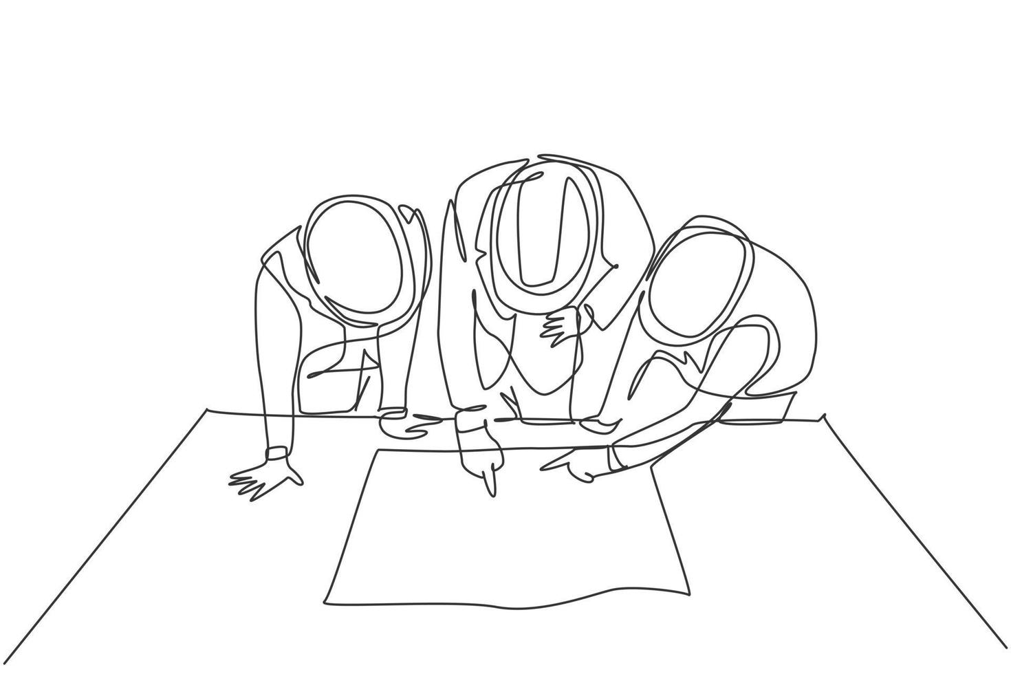 One single line drawing of young architects and manager meeting at construction site to discuss draft blueprint design. Building architecture business concept. Continuous line draw design illustration vector