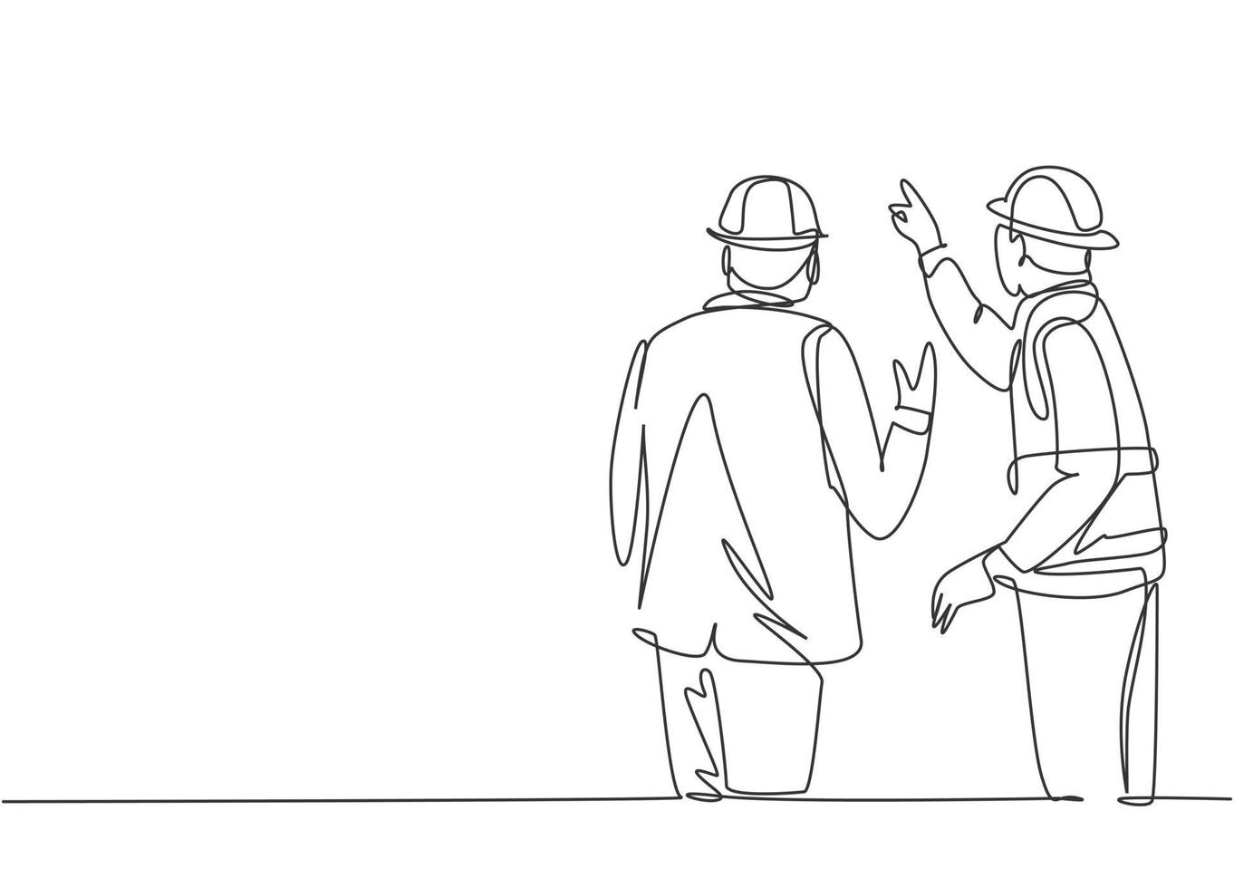 Single continuous line drawing of young foreman construction builder meeting with business owner talking building facility. Building architecture business concept. One line draw design illustration vector