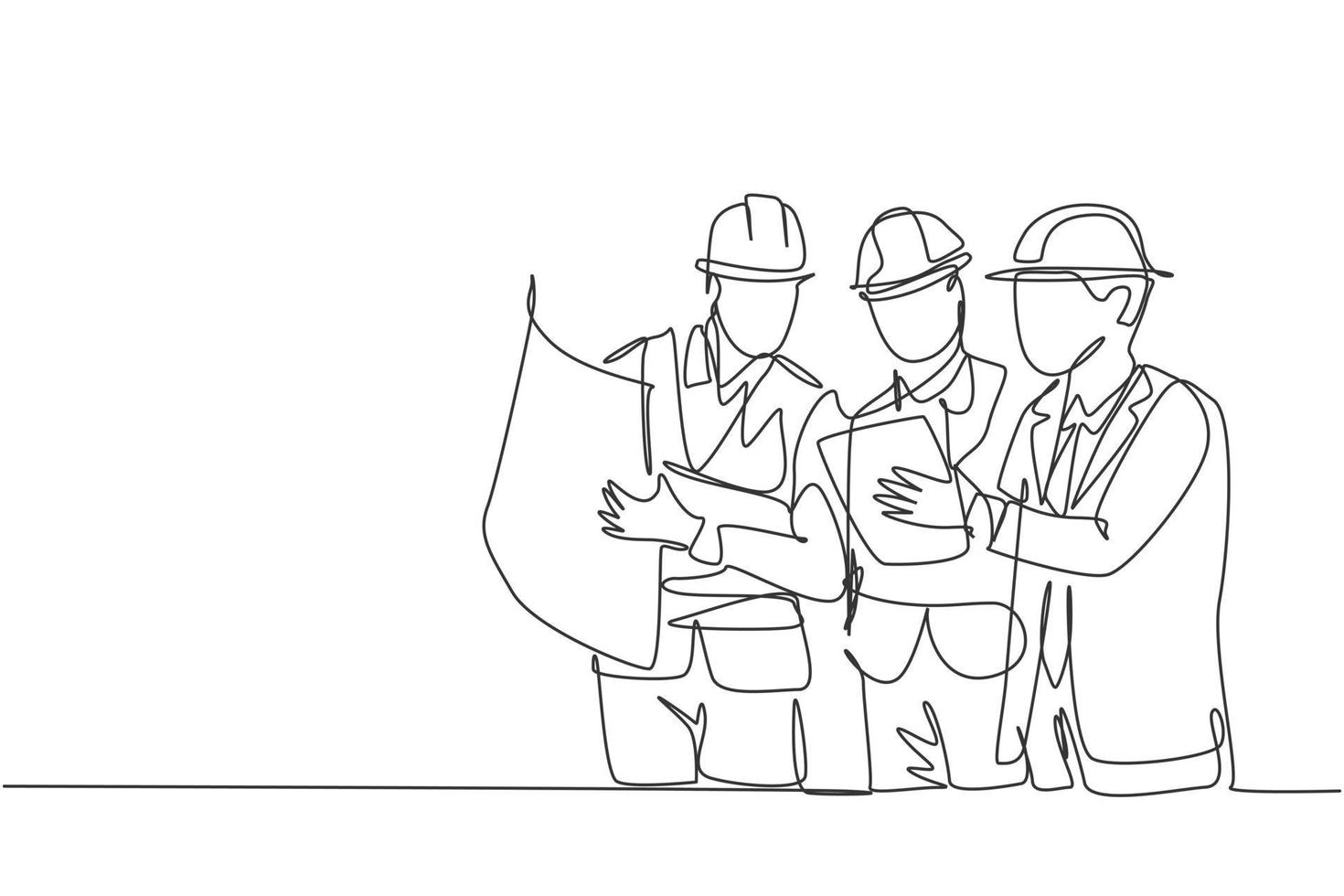 One continuous line drawing of young architect, manager and engineer meeting at building construction site. Building architecture business concept. Single line draw design illustration vector
