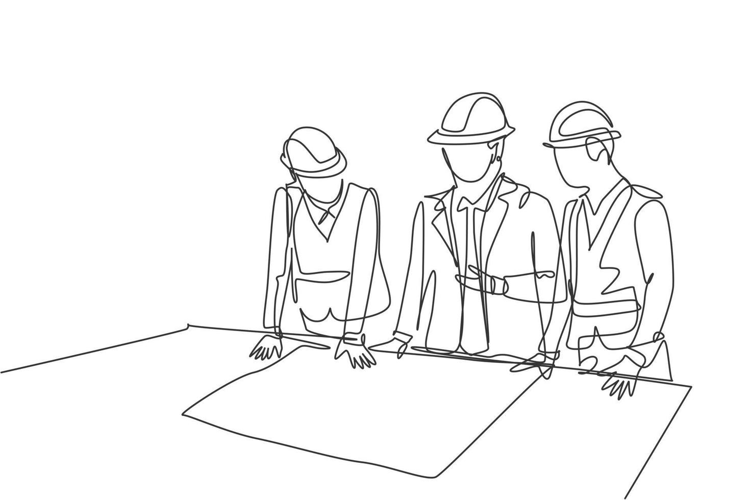 One continuous line drawing team of young architects presenting construction sketch draft blueprint design to manager. Building architecture business concept. Single line draw design illustration vector