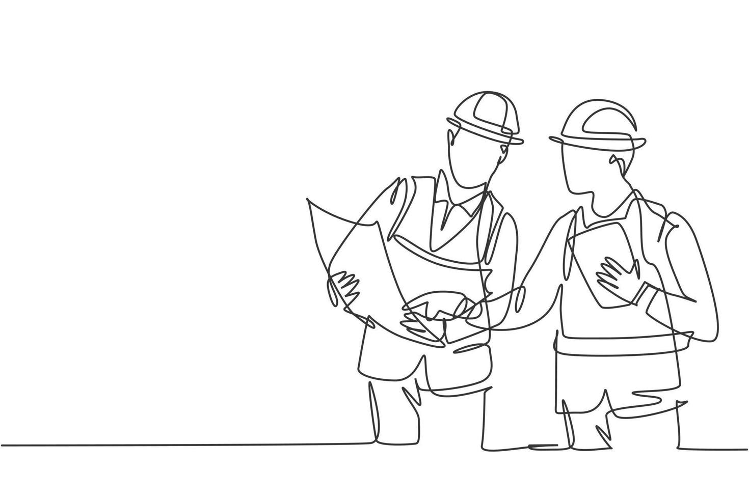 One single line drawing of young architect and engineer discussing building construction blueprint design. Building architecture business concept. Continuous line draw design illustration vector