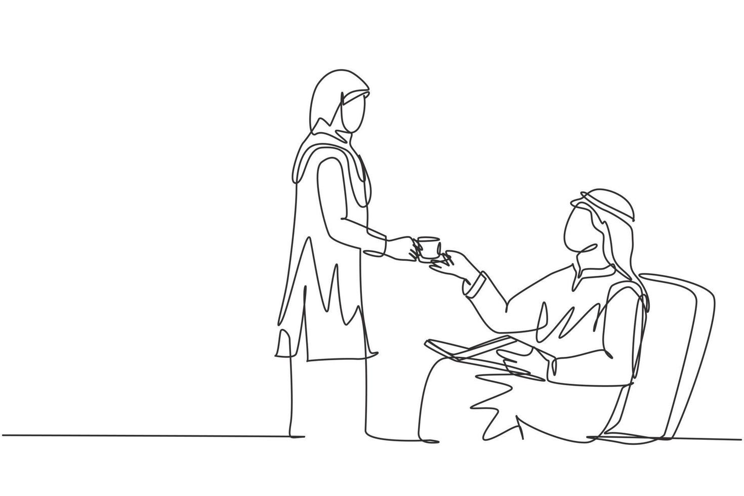 Single continuous line drawing of young wife muslimah giving a cup of coffee to her muslim husband. Romantic saudi arabian islamic couple with kandora, veil, hijab. One line draw design illustration vector