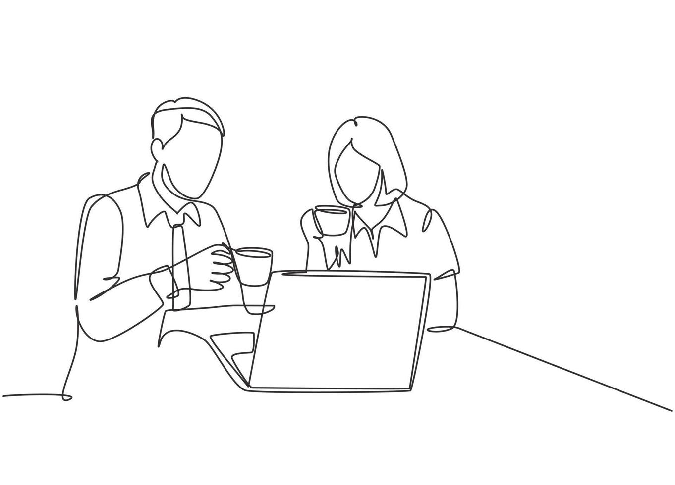 One single line drawing of young male and female marketing team members discussing promotion strategy while work meeting. Continuous line vector draw graphic design illustration