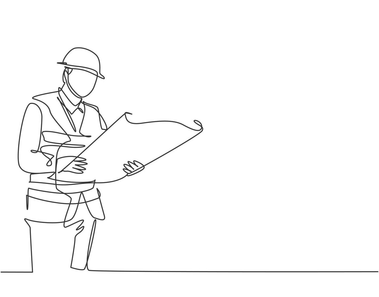 One continuous line drawing of young foreman manager controlling the construction of building. Building architecture business concept. Single line draw vector graphic design illustration