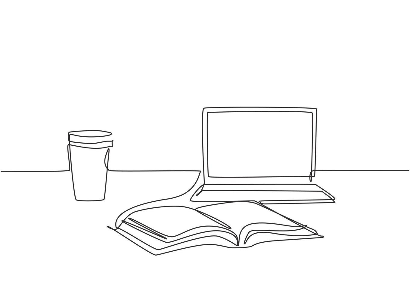 Single continuous line drawing of computer laptop, paper cup of coffee and open book on study table. College student study desk concept. One line draw design illustration vector