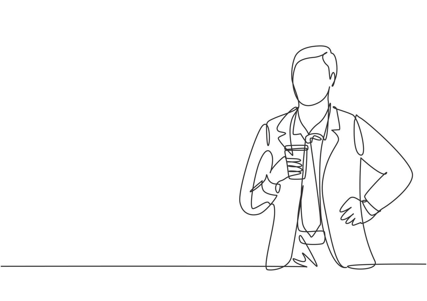 Single continuous line drawing of young handsome businessman holding a cup of coffee drink while pose standing at office corridor. Drinking tea concept one line draw design vector graphic illustration