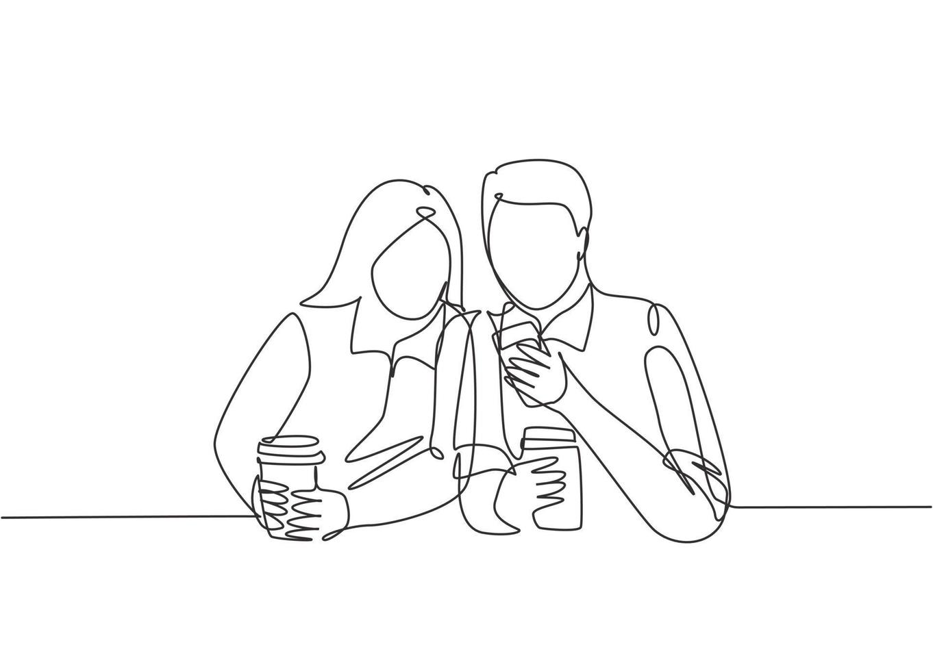 One continuous line drawing of young happy male and female couple lunch together while watching funny video on smartphone at coffee shop. Romantic concept. Single line draw design illustration vector