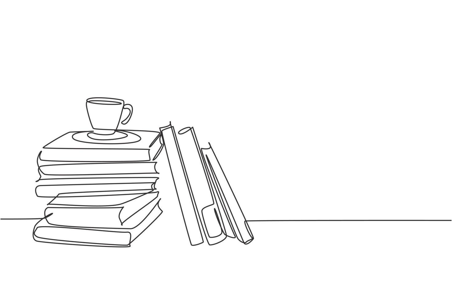 un dibujo de línea continua de una pila de libros y una taza de café en el escritorio de la oficina. Mesa de espacio de trabajo con concepto de pila de libros. ilustración de diseño de dibujo de una sola línea vector