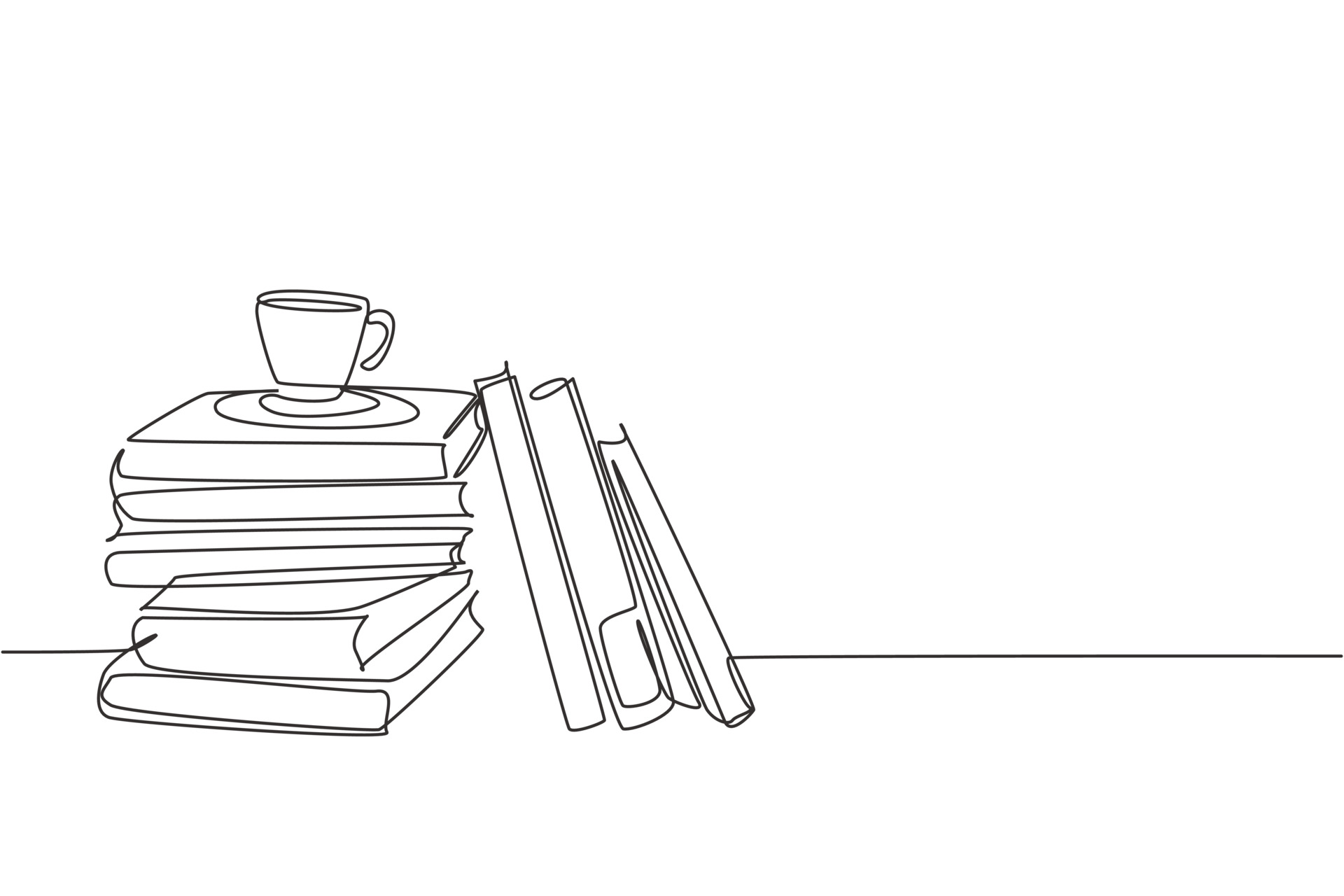 One continuous line drawing of pile of books and a cup of coffee on