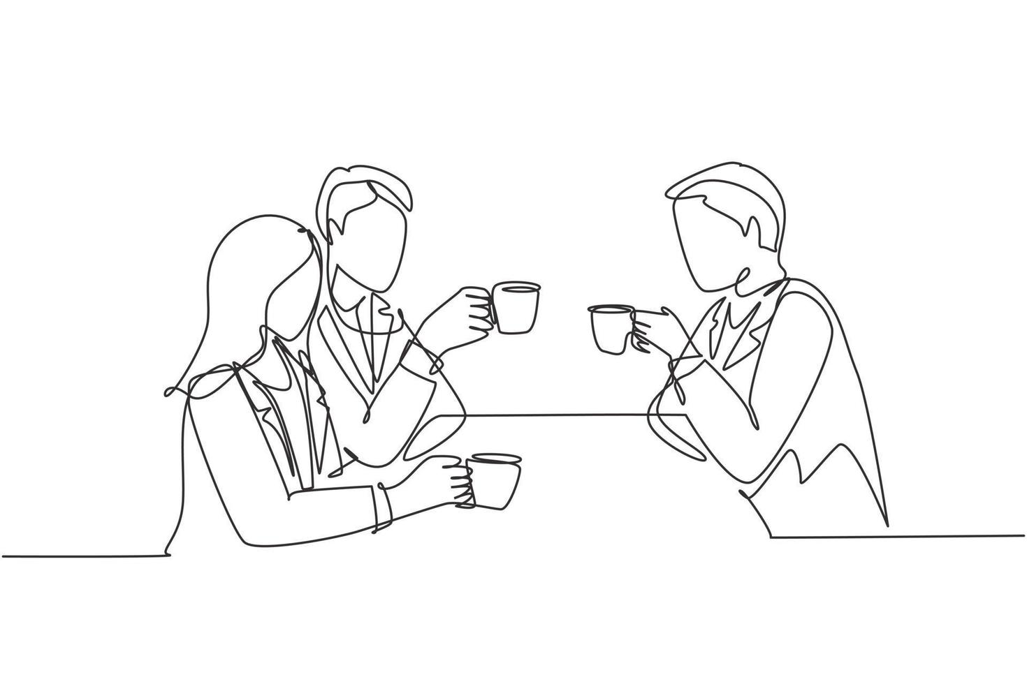 un dibujo de línea continua de un joven empresario y una mujer de negocios que realizan una reunión de negocios en un restaurante mientras sostienen una taza de café. concepto de charla de negocios. ilustración de diseño de dibujo de una sola línea vector