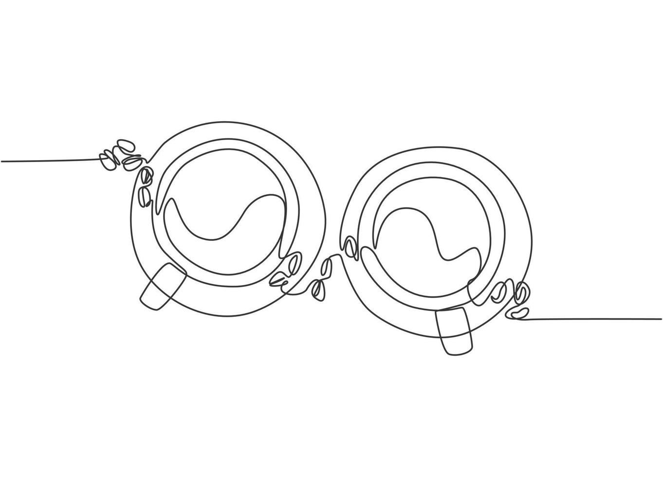 Single continuous line drawing of two cups of coffee with coffee beans and leaf from top view. Coffee drink concept display for coffee shop. One line draw design illustration vector