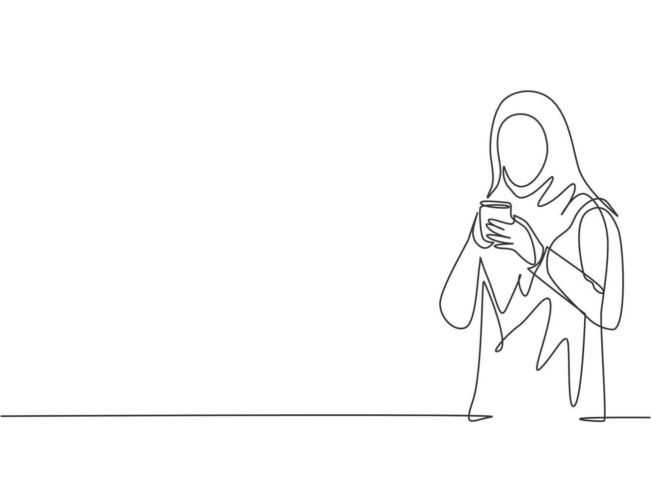 Single continuous line drawing of young muslimah marketing manager holding a cup of coffee while office break time. Arab middle east female cloth hijab and veil. One line draw design illustration vector