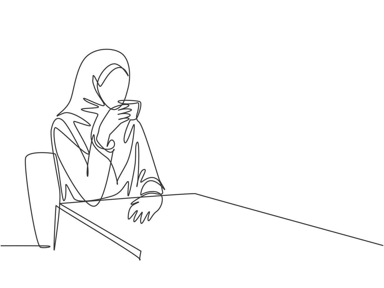 One single line drawing of young beauty female muslimah worker enjoying drink a cup of coffee at coffee shop. Islamic clothing hijab and veil concept. Continuous line draw design illustration vector