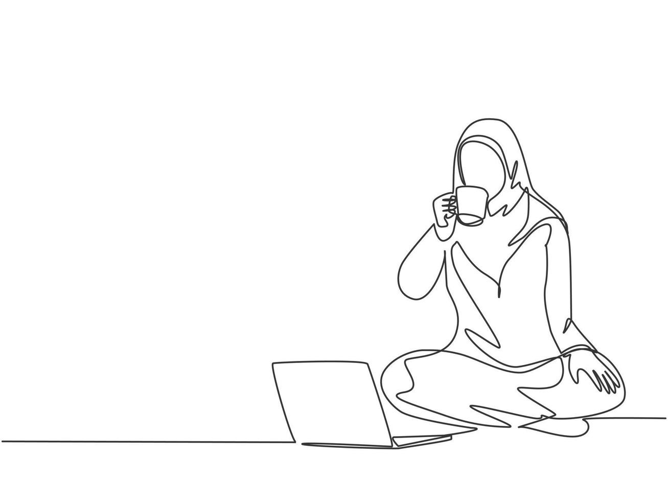 One single line drawing of young female muslimah college student take a rest by drinking a cup coffee while studying before exam. Drinking coffe or tea concept continuous line draw design illustration vector