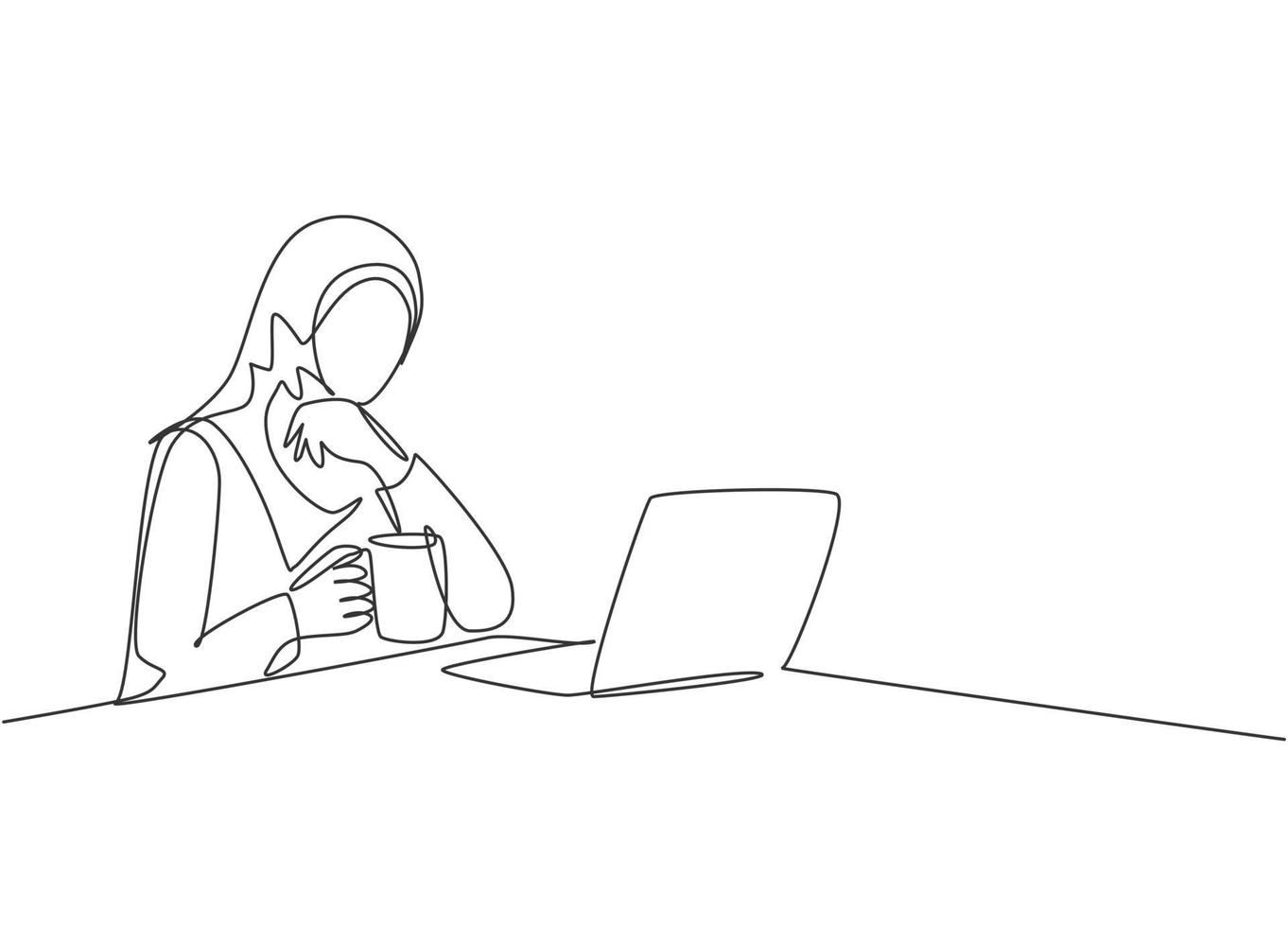 un dibujo de línea continua de un joven oficinista muslimah que toma un descanso mientras bebe una taza de café. mujer de Arabia Saudita con hijab y concepto de velo. ilustración de diseño de dibujo de una línea vector