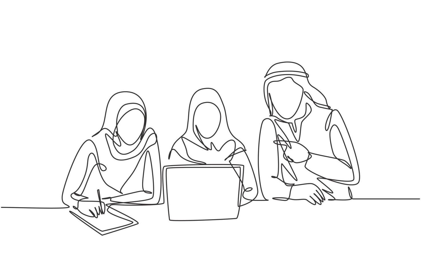 un dibujo de una sola línea de jóvenes empleados musulmanes, hombres y mujeres, que toman horas extras para terminar los trabajos. hijab de tela de arabia saudita, kandora, pañuelo en la cabeza, ghutra. Ilustración de vector de diseño de dibujo de línea continua