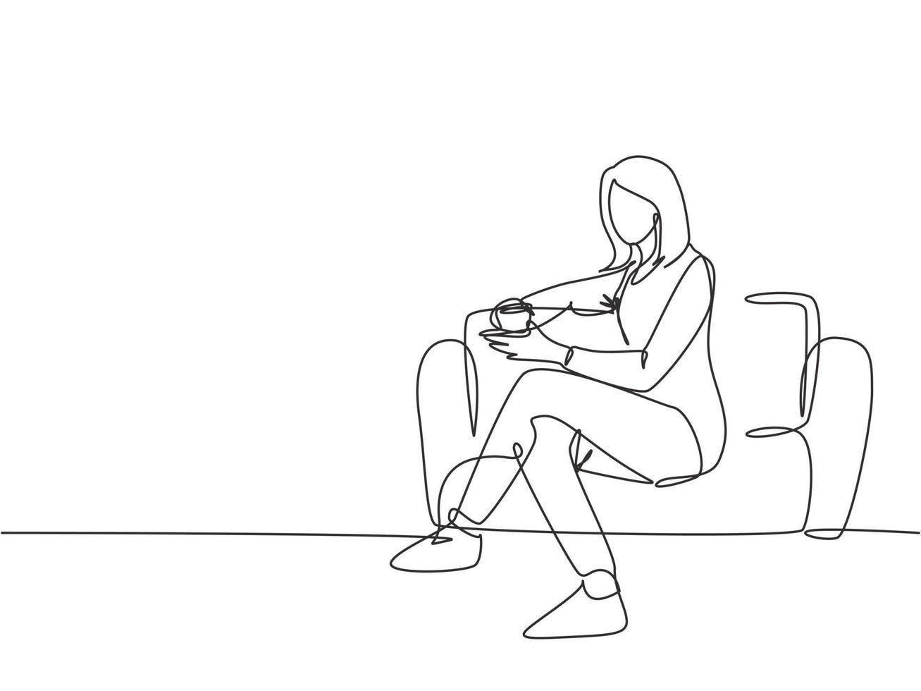 Single continuous line drawing of young female worker get relax by sitting on the sofa while holding a cup of coffee drink. Drinking tea concept one line draw graphic design vector illustration