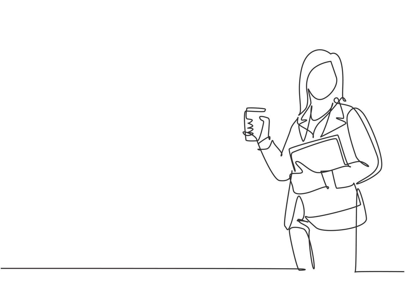 Single continuous line drawing of young female worker walking to go to the office while holding a glass of coffee and folder binder. Drinking tea concept one line draw design vector illustration