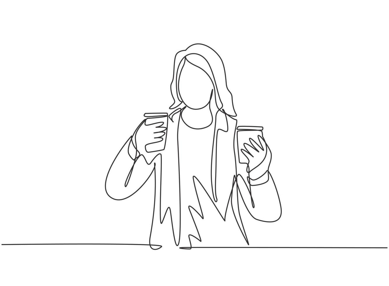 One single line drawing of young beauty female office employee holding two cup paper of coffee drink to her work partner. Drinking tea concept continuous line draw design vector graphic illustration
