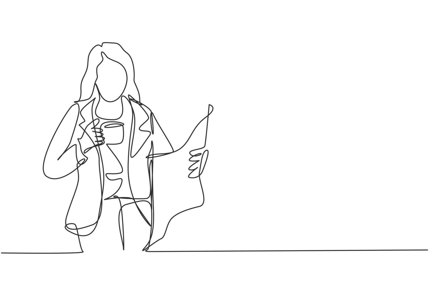 One continuous line drawing of young female marketing manager in casual reading newspaper while holding a cup of coffee drink. Drinking tea concept single line draw design vector graphic illustration